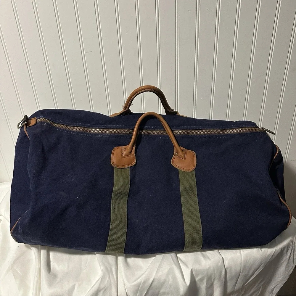 Vintage 80s/90s LL Bean Crinkle Tag Blue Canvas And Brown Leather Tote Bag